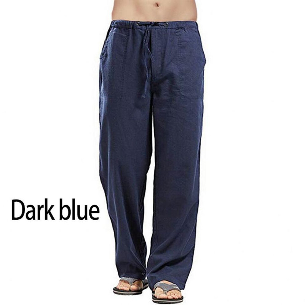 (dark blue, 4XL) Mens Nature Cotton Linen Trousers Summer Pants 5xl Casual Male Solid Elastic Waist Straight Loose Pants
