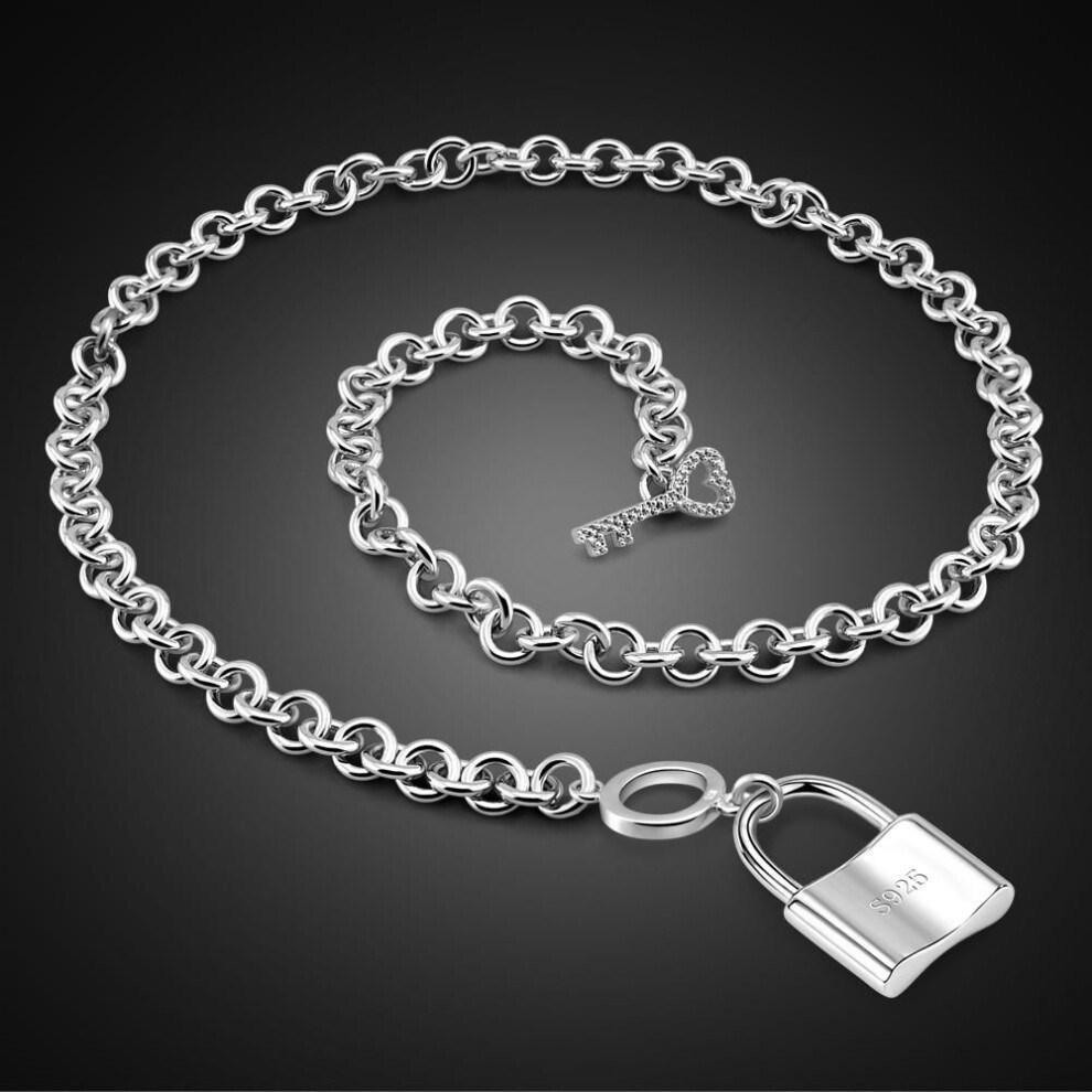 (as the picture, 45) Genuine 100% 925 Sterling Silver Lock Pendant Necklaces New Women Fashion Punk Charm Choker Fine Jewellery Gift