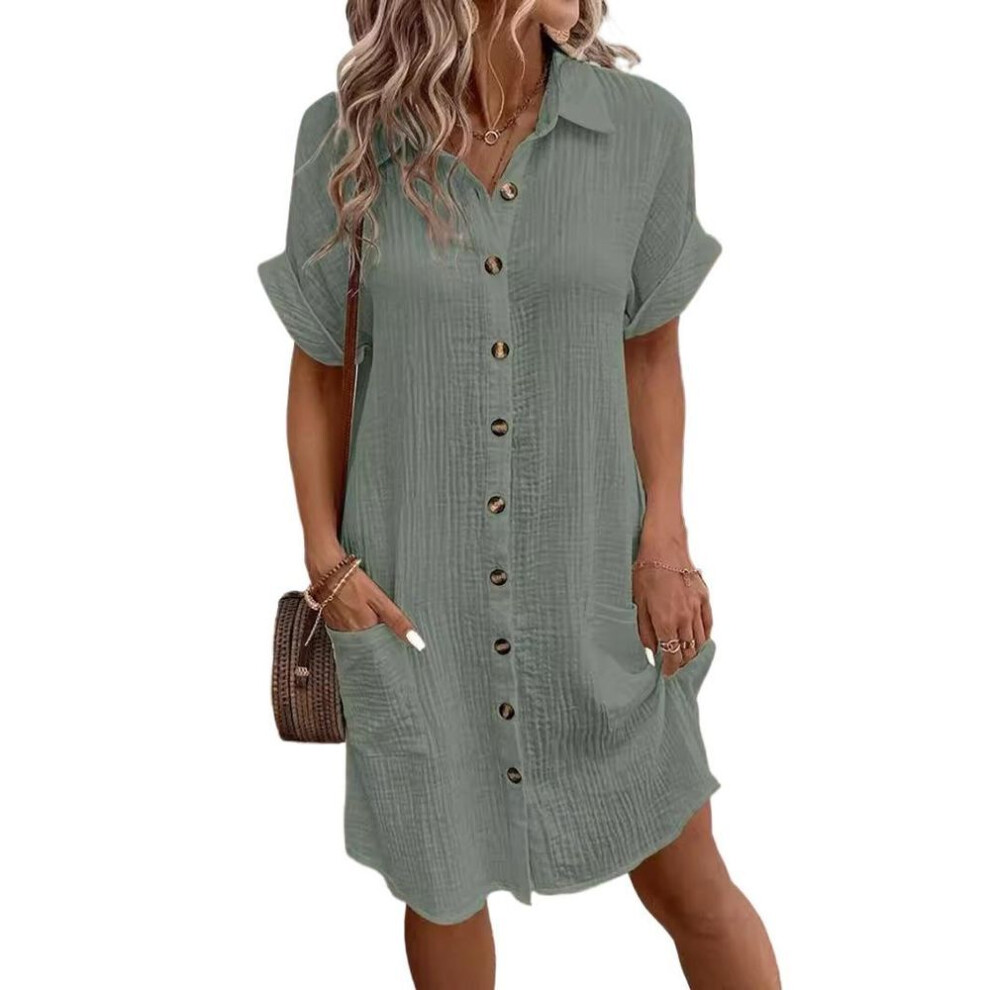 (green, L) Gmxia Women's Fashion Summer Spring Solid Color Print Short Sleeve Polo-neck Casual Dresses