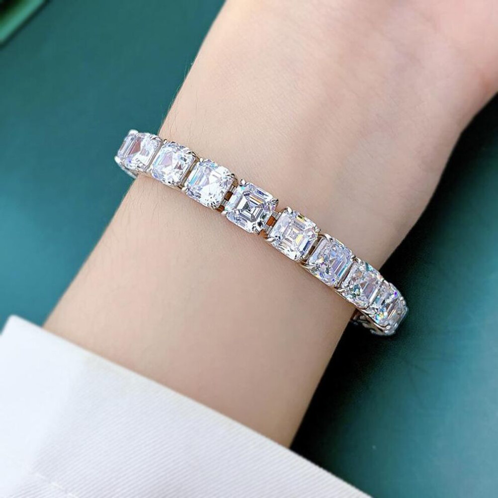 (as the picture, 18cm) Asscher Cut Moissanite Diamond Bracelet 100% Real 925 Sterling Silver Engagement Wedding Bangles Bracelets For Women Men Jewelry