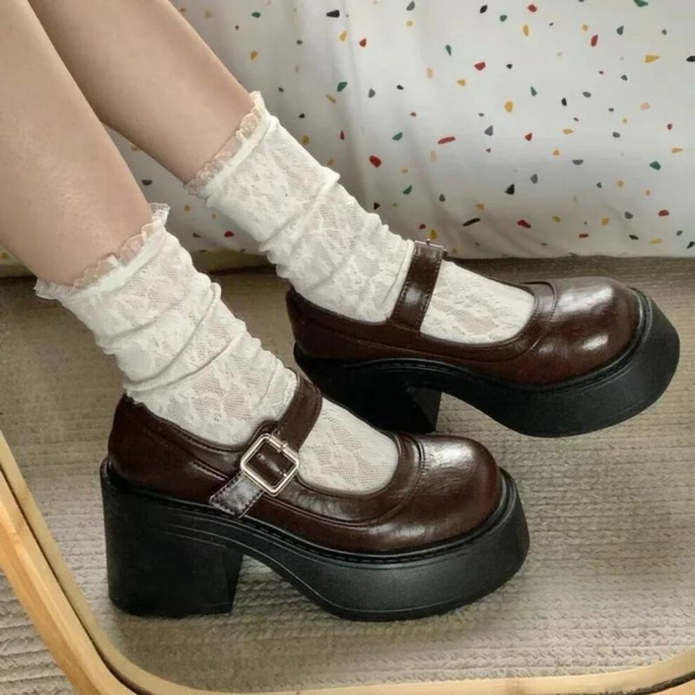 (brown, 39) Thick Bottom Mary Jane High Heels Women's Spring Autumn Shallow Ruched Preppy Style Student Shoes Leather Shoes