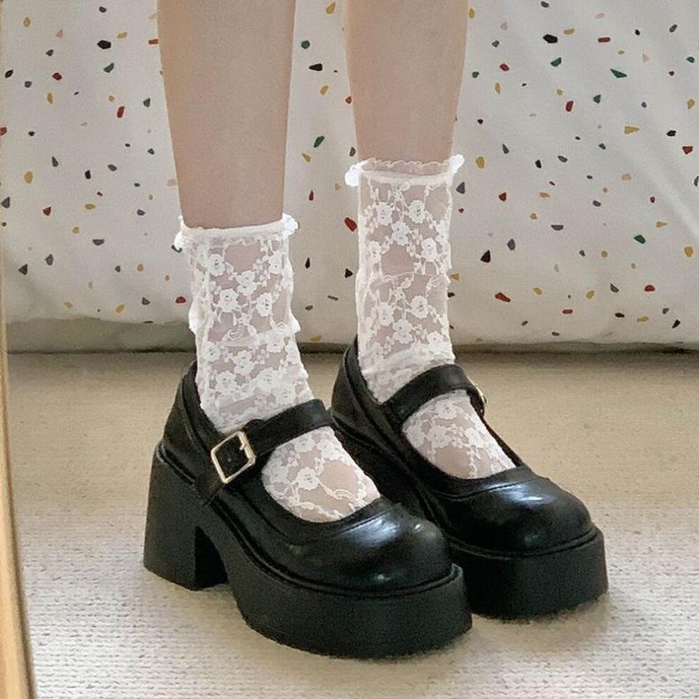 (black, 39) Thick Bottom Mary Jane High Heels Women's Spring Autumn Shallow Ruched Preppy Style Student Shoes Leather Shoes