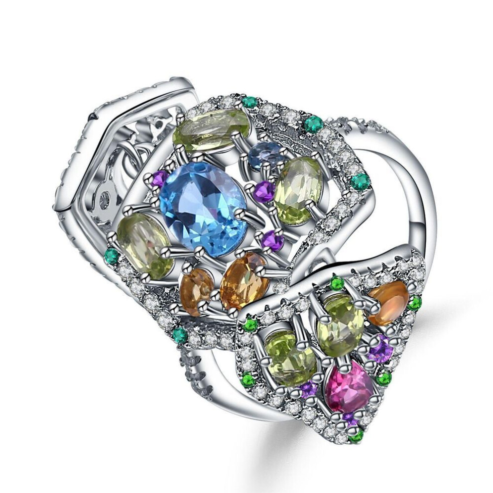 (as the picture, 10) Original Designer Foldable Gemstone Ring Personalized Jewelry Accessories S925 Silver Inlaid Natural Colored Gemstone Ring