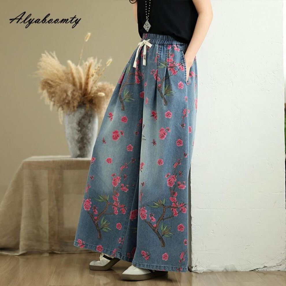 (multicolor, XL) Plus Size Spring Summer Women Vintage Floral Print Jeans Drawstring Casual Loose Baggy Denim Trousers Retro Ladie's Streetwear Wide Leg Jeans