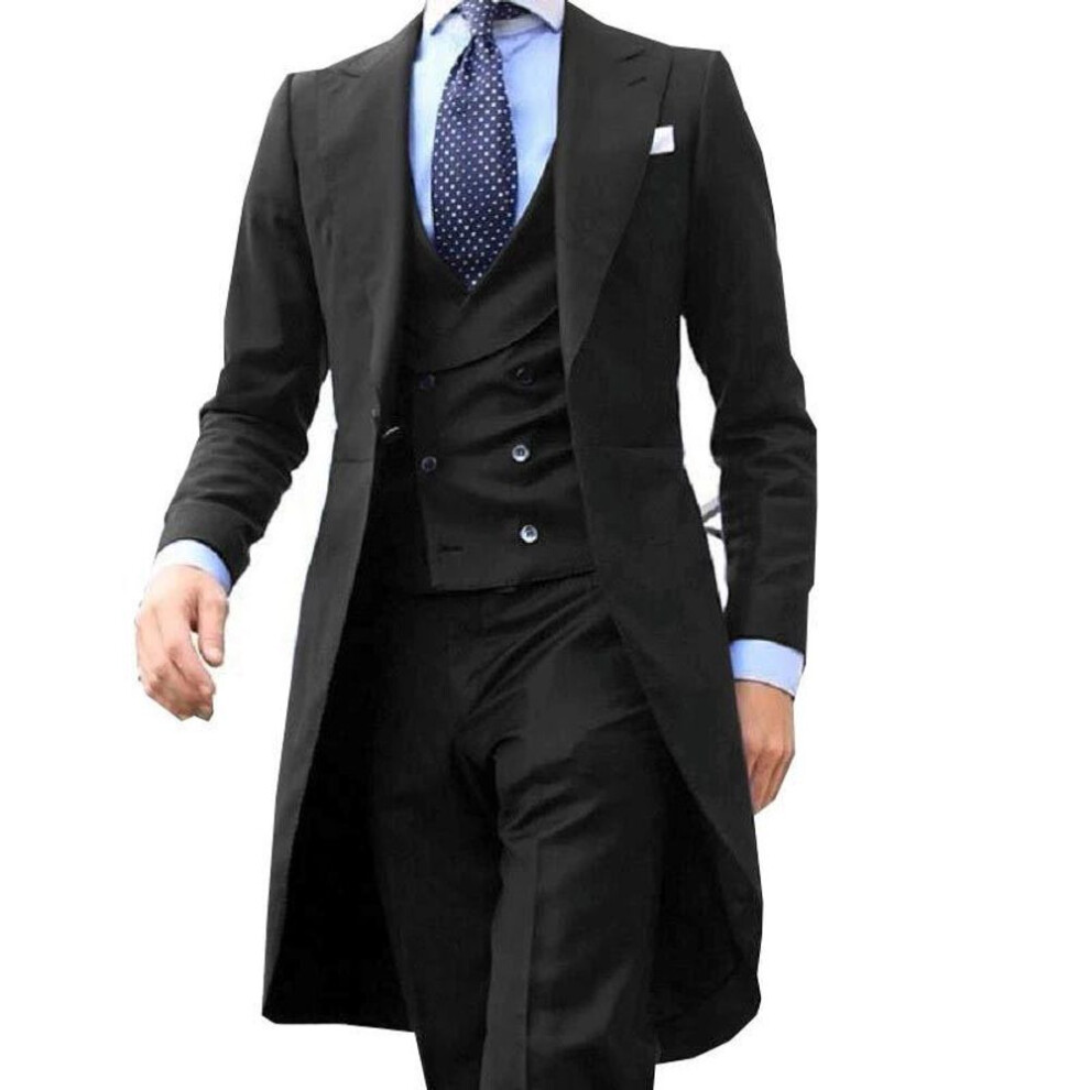 (2XL, black) 2024 Purple  Long Tail Blazer 3 Pieces Gentleman Male Suit Men's Fashion Groom Tuxedo For Wedding Prom Jacket Vest With Pants