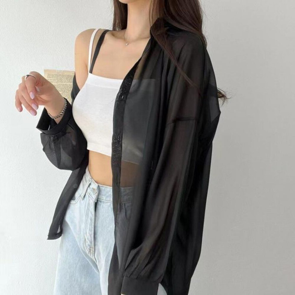(black) 13 Colors Shirts Women Sheer Thin Chic Summer Simple Solid Sun-proof Temper Fashion Baggy All-match Basic Korean Style Clothes