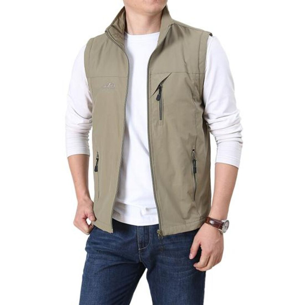 (khaki, 4XL) Men Summer Waistcoat Lapel Sleeveless Vest Coat With 2 Pockets Zipper Closure Jacket Cargo Coat Streetwear