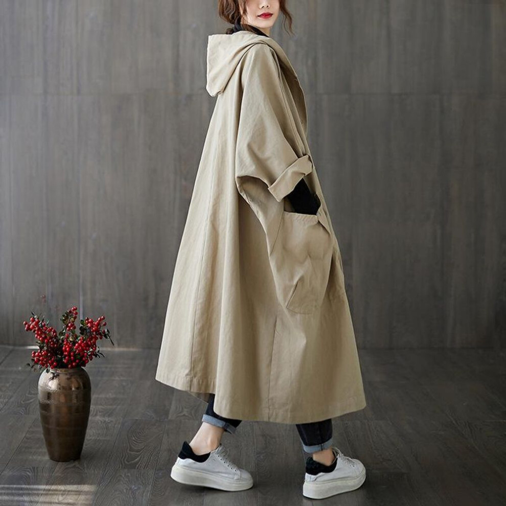 (khaki, OneSize) Women's Oversized Cotton Windbreaker Hooded Long Trench Coat Streetwear Coat For Women