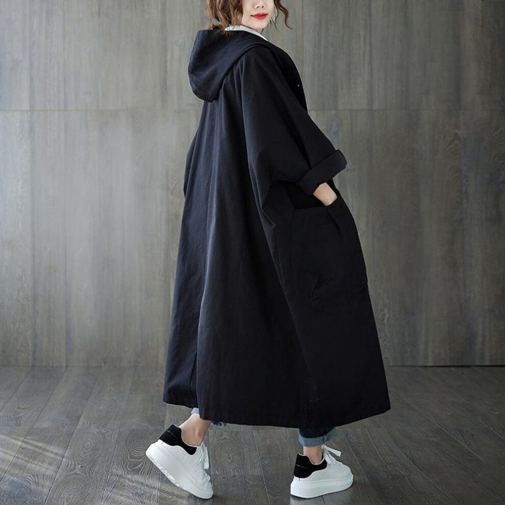(black, OneSize) Women's Oversized Cotton Windbreaker Hooded Long Trench Coat Streetwear Coat For Women