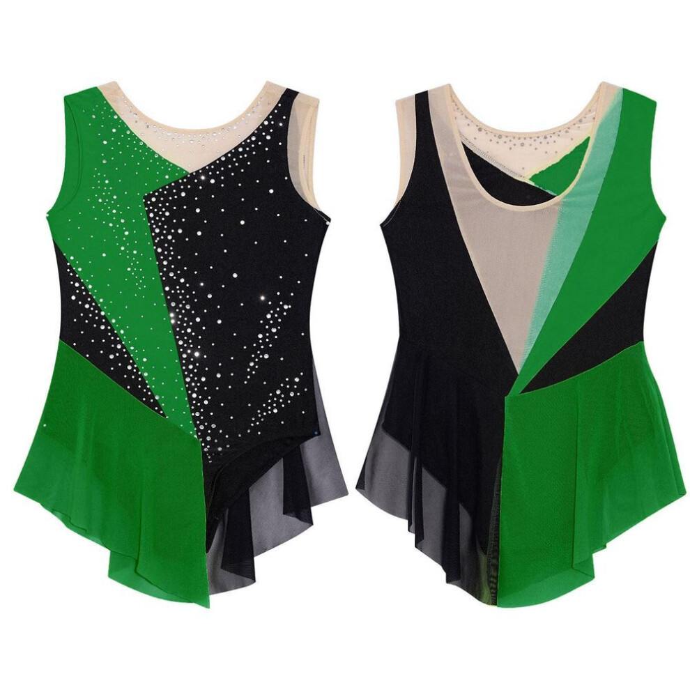 (green, 13-14 Years) Kids Girls Sleeveless Shiny Rhinestone Decor Color Block Gymnastics Dance Skating Leotard