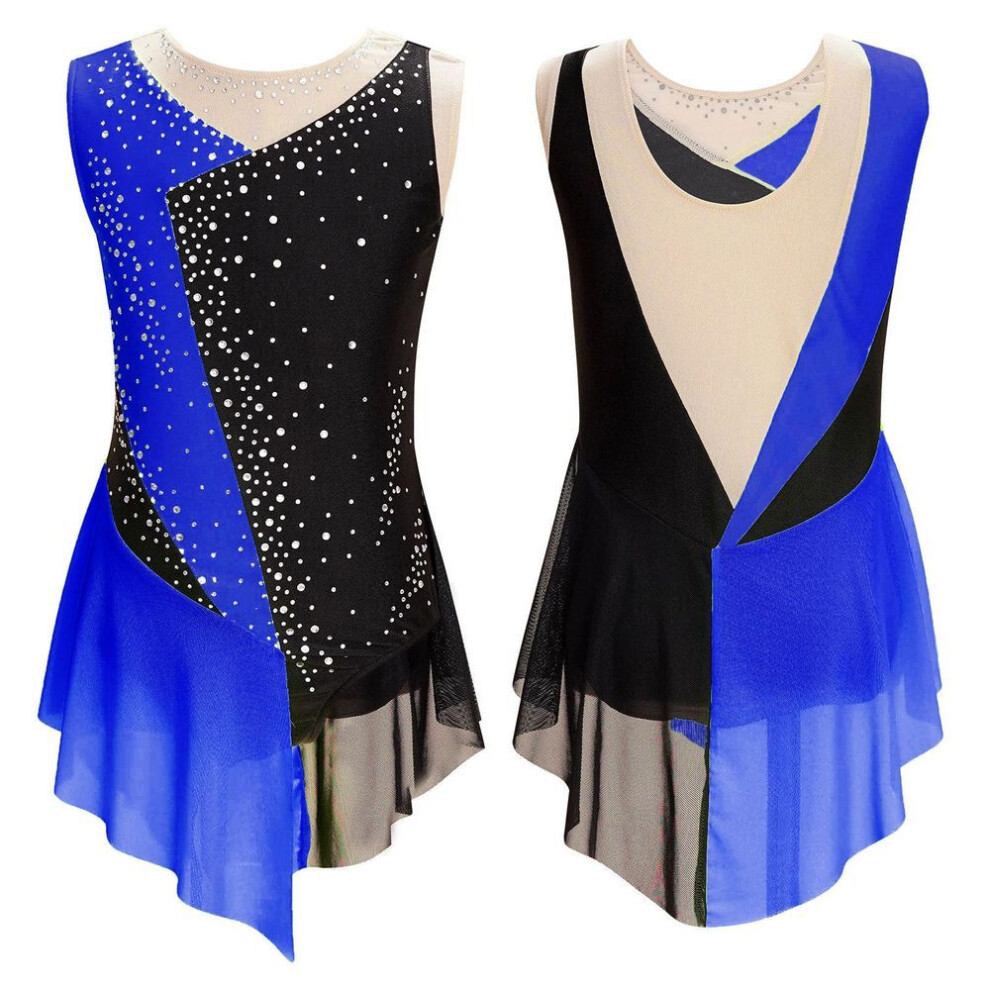 (royal blue, 15-16 Years) Kids Girls Sleeveless Shiny Rhinestone Decor Color Block Gymnastics Dance Skating Leotard