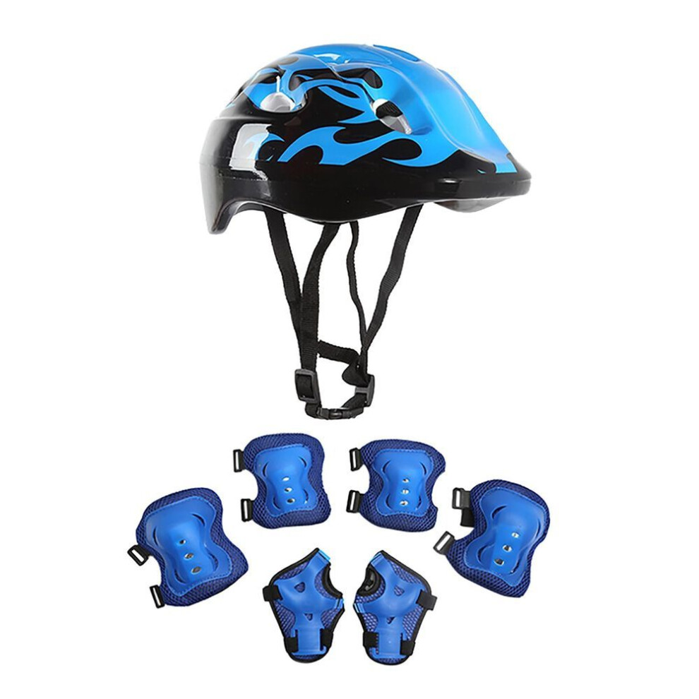 (blue) 7pcs/set Children's Skating Protective Gear Children Kids Safety Helmet Knee