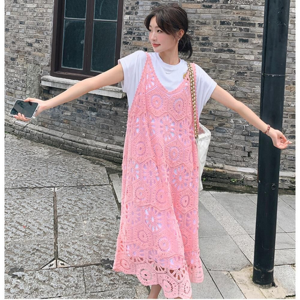 (One Size, pink) Dimanaf 2024 New Dress Women Knitting Lace Long Hollow Out Sexy Vest O-neck Hollow Summer Style Tops Tees Loose Basic