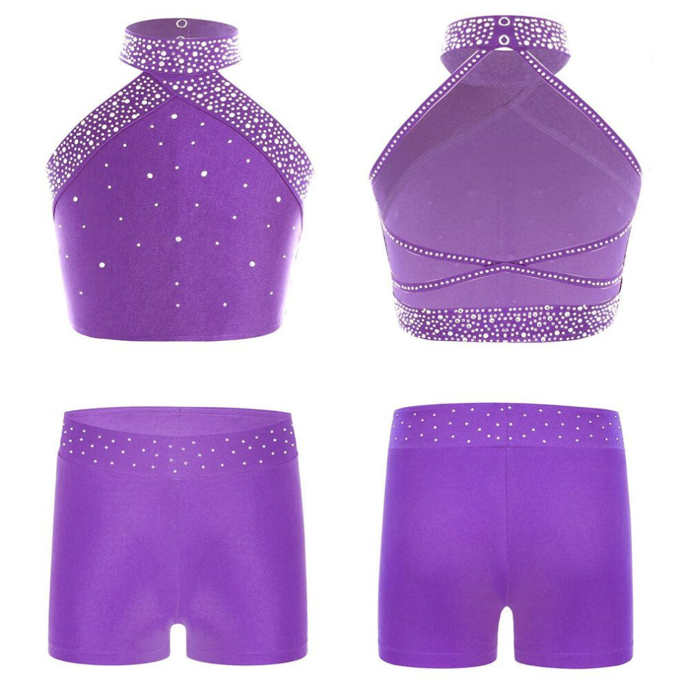 (purple, 13-14 Years) Girls Figure Skating Dance Outfits 2 Pieces Gymnastics Ballet Dance Set Halter Crop Vest With Booty Shorts Athletic Clothes