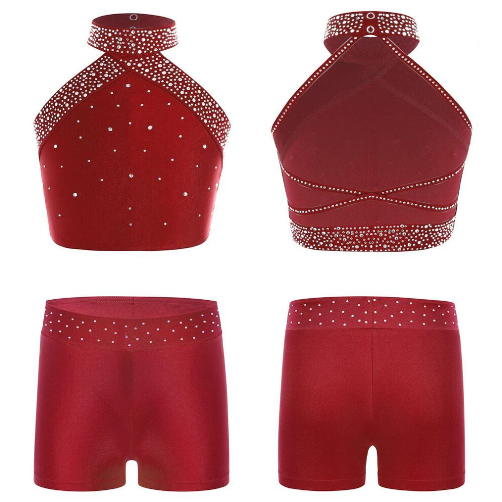 (burgundy, 7-8 Years) Girls Figure Skating Dance Outfits 2 Pieces Gymnastics Ballet Dance Set Halter Crop Vest With Booty Shorts Athletic Clothes