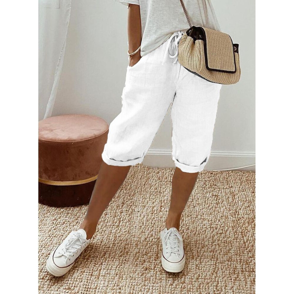 (white, M) 2024 Women's Cotton-linen Elastic Pocket Casual Pants And Shorts