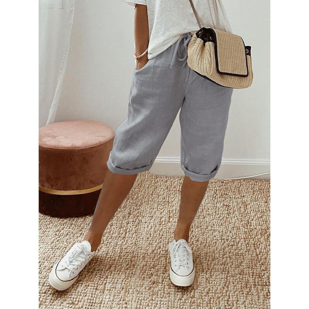 (light grey, XL) 2024 Women's Cotton-linen Elastic Pocket Casual Pants And Shorts