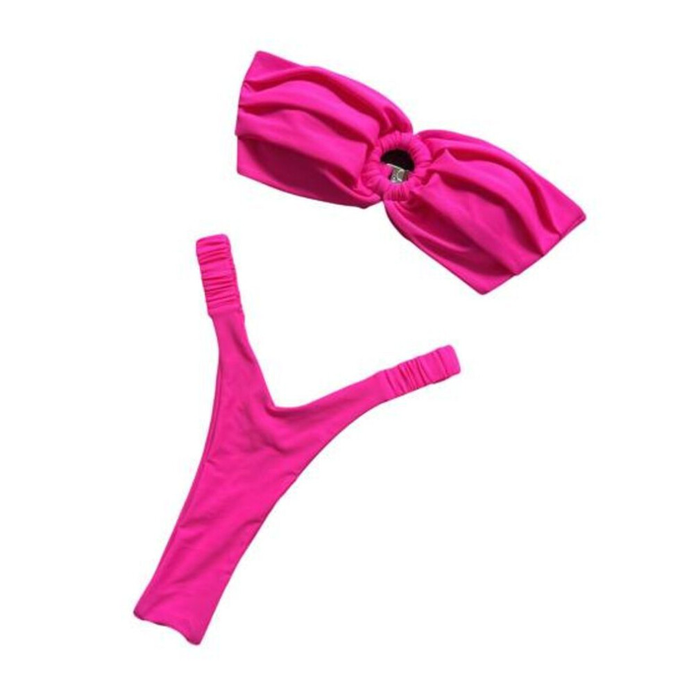 (M, rose red) 2pcs/set Women Bikini Set Sexy Pleated Solid Color Bandeau Bra High Waist Swimming Briefs Set Beach Swimwear