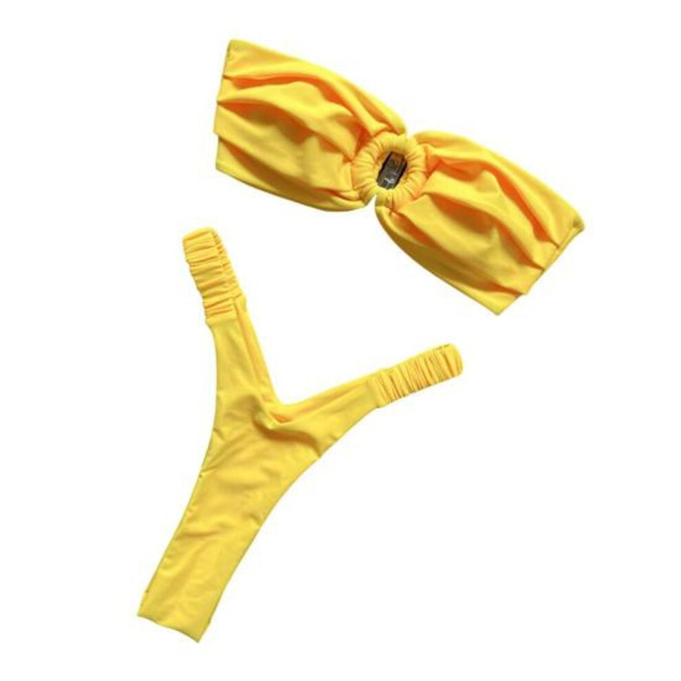 (L, yellow) 2pcs/set Women Bikini Set Sexy Pleated Solid Color Bandeau Bra High Waist Swimming Briefs Set Beach Swimwear