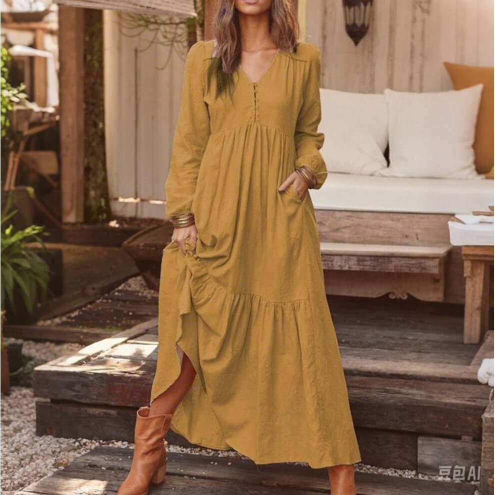 (yellow, 2XL) Women's Vintage Cotton Linen Dress - Summer Long Sleeve Flared Maxi Dress, Breathable Resort Wear & Everyday Boho Style
