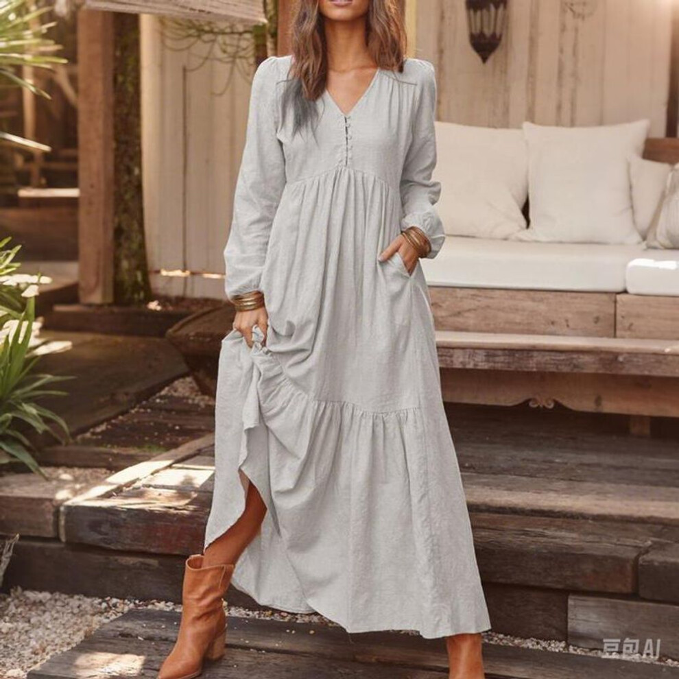 (grey, 2XL) Women's Vintage Cotton Linen Dress - Summer Long Sleeve Flared Maxi Dress, Breathable Resort Wear & Everyday Boho Style
