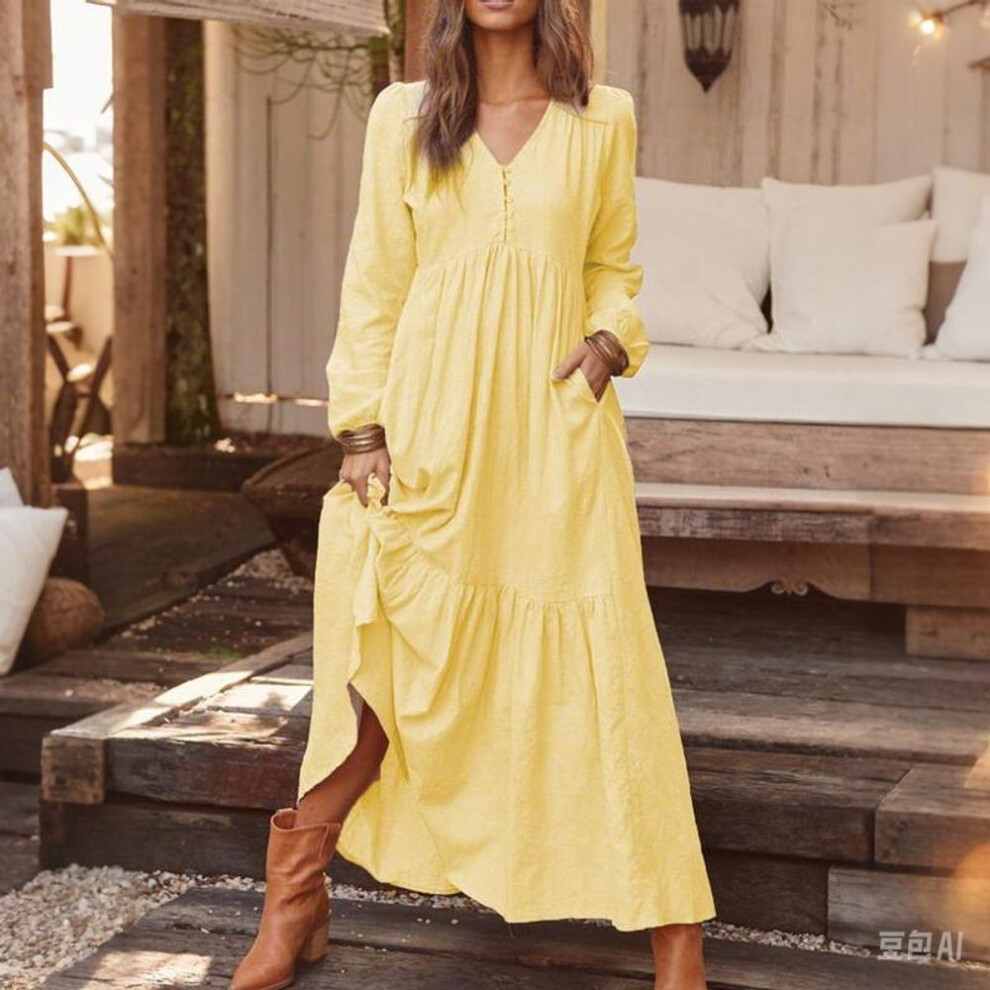 (buff, S) Women's Vintage Cotton Linen Dress - Summer Long Sleeve Flared Maxi Dress, Breathable Resort Wear & Everyday Boho Style