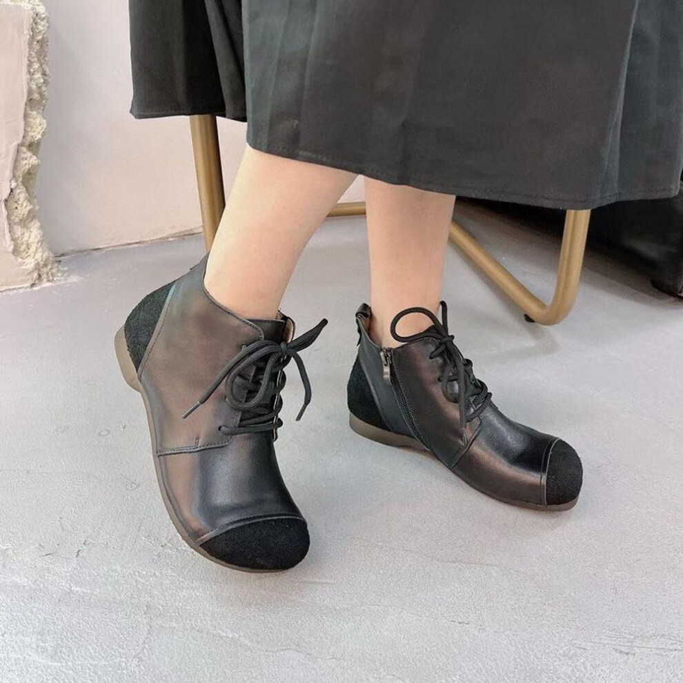 (black, 38) Johnature Retro Women Flat Short Boots Genuine Leather Shoes Handmade Round Toe Lace-up Ankle Boots