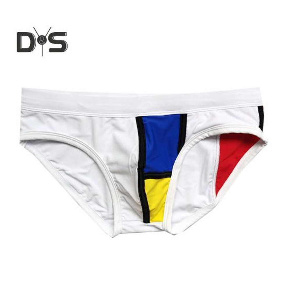 (white, XL) Men Swimming Trunks Elastic Soft Quick Dry Breathable Slim Fit Color Matching Mid Waist Bathing Briefs Surfing Water Sports Swimming Shorts