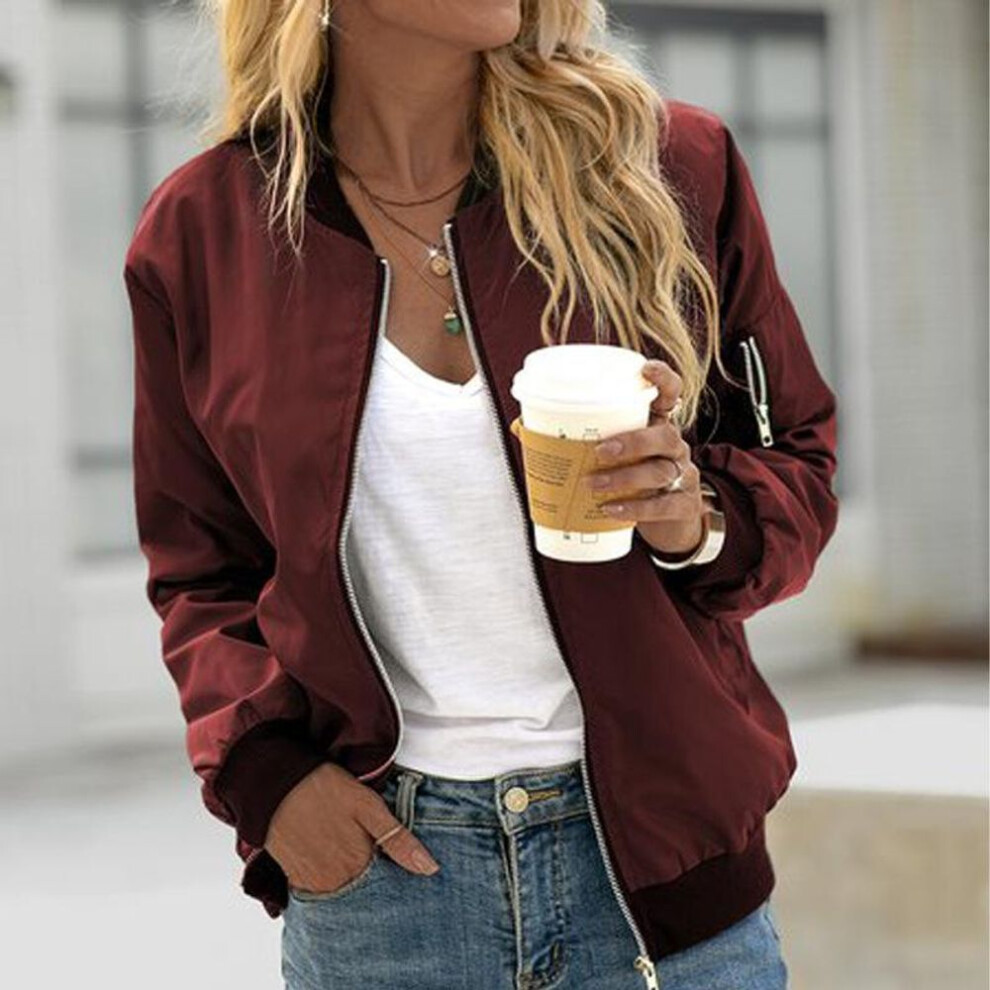 (burgundy, L) Bomber Jacket Women's Floral Pattern Lightweight Summer Jacket Spring Jacket Summer Zip Short Pilot Jacke
