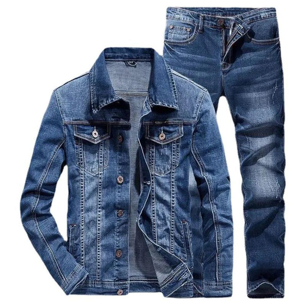 (S, navy blue) Men's Spring And Fall Denim Suit Wear-resistant Breathable Suit Denim Jacket + Jeans 2-piece Set