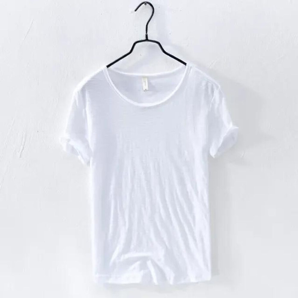 (white, M) Retro Raw Edge T-shirt For Men Lightweight Breathable Slim-fit O-neck Casual Basic Top
