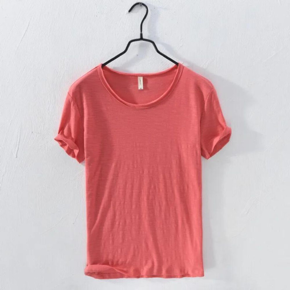 (red, L) Retro Raw Edge T-shirt For Men Lightweight Breathable Slim-fit O-neck Casual Basic Top