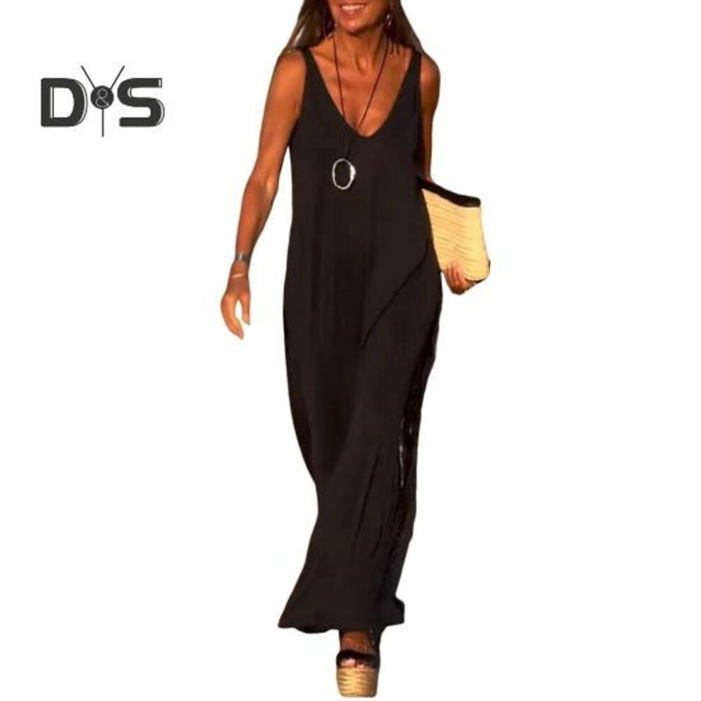(black, XXL) Women's Summer Sleeveless Cami Dress Casual V-neck Split Maxi Dress Loose Beach Sundress Travel Vacation Outfit
