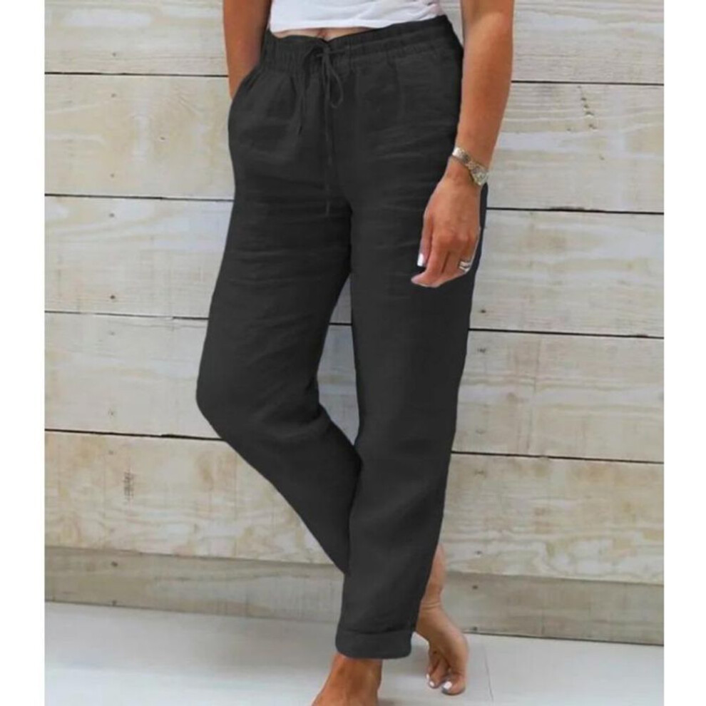 (black, L) Women's Summer Elastic Waist Pocket Wide Leg Trousers Nine Points Pants