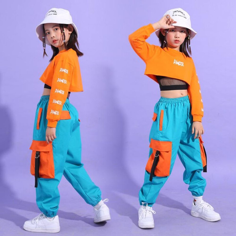 (as the picture, 110) Hip Hop Girls Crop Top Contrast Cargo Pants Child Jazz Joggers Streetwear Sweatshirt Kids Street Dance Cheerleader Clothes Sets