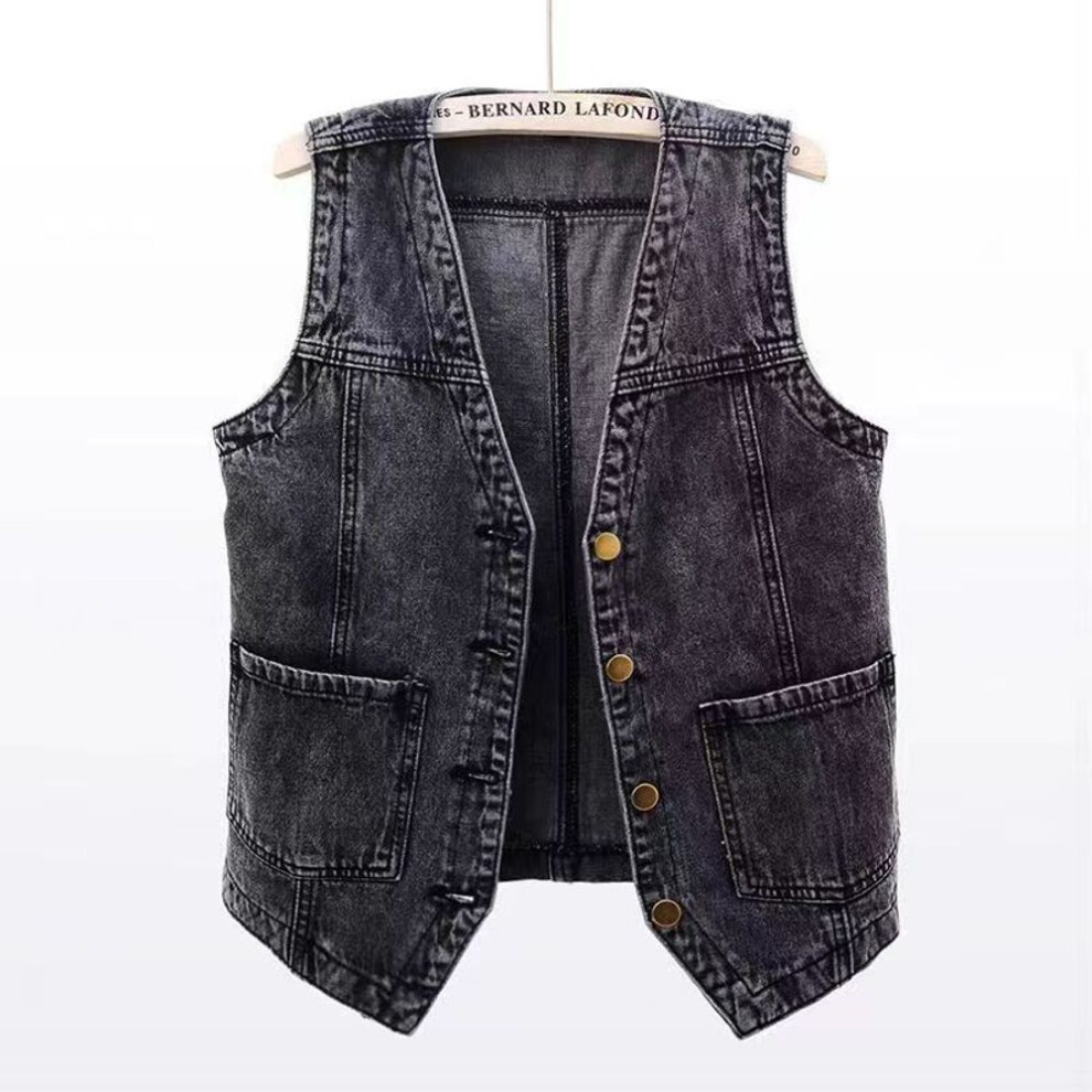 (black, L) Plus Size Women Front Button Denim Waistcoat Vintage V Neck Sleeveless Denim Vest Female Autumn Outerwear Cardigan Tops