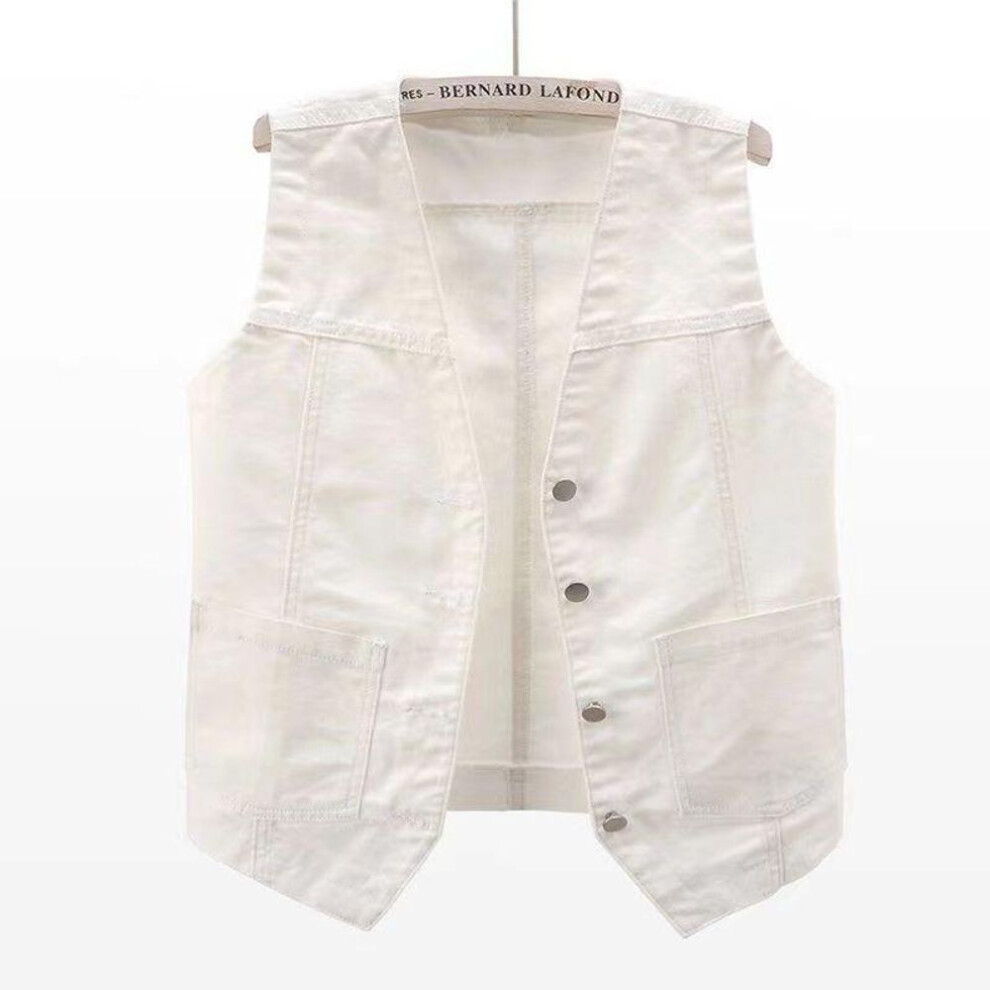 (white, L) Plus Size Women Front Button Denim Waistcoat Vintage V Neck Sleeveless Denim Vest Female Autumn Outerwear Cardigan Tops