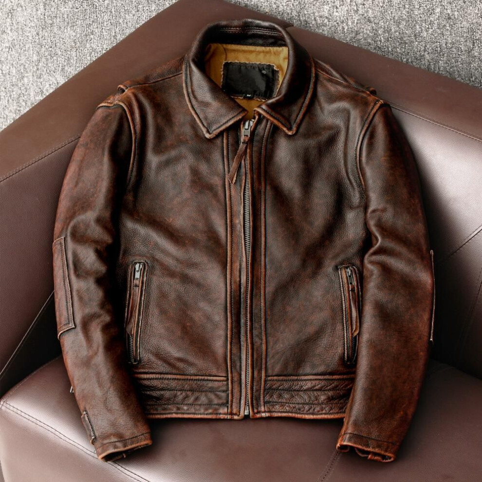 (as the picture, XL) New Retro Old Cowhide Leather Jacket Men's Lapel Slim Coat Brown Red Motorcycle Leather Tide Clothing
