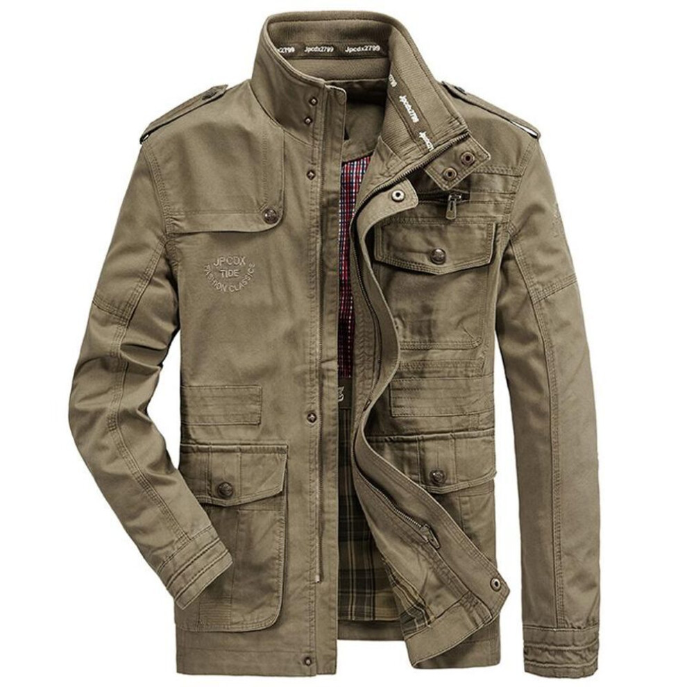 (khaki, S) Plus Size  Military Jacket Men Spring Autumn Cotton Outdoor Multi-pocket Mens Jackets Casual Coat Male