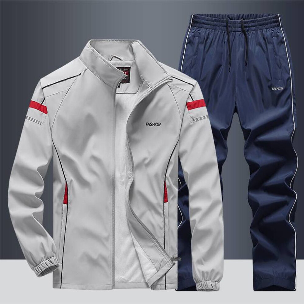 (light grey, L) Casual Windproof Running Sets Sportswear Men's Jogging Sport Jacket+pants Sweatsuit Plus Size Breathable Workout Clothes