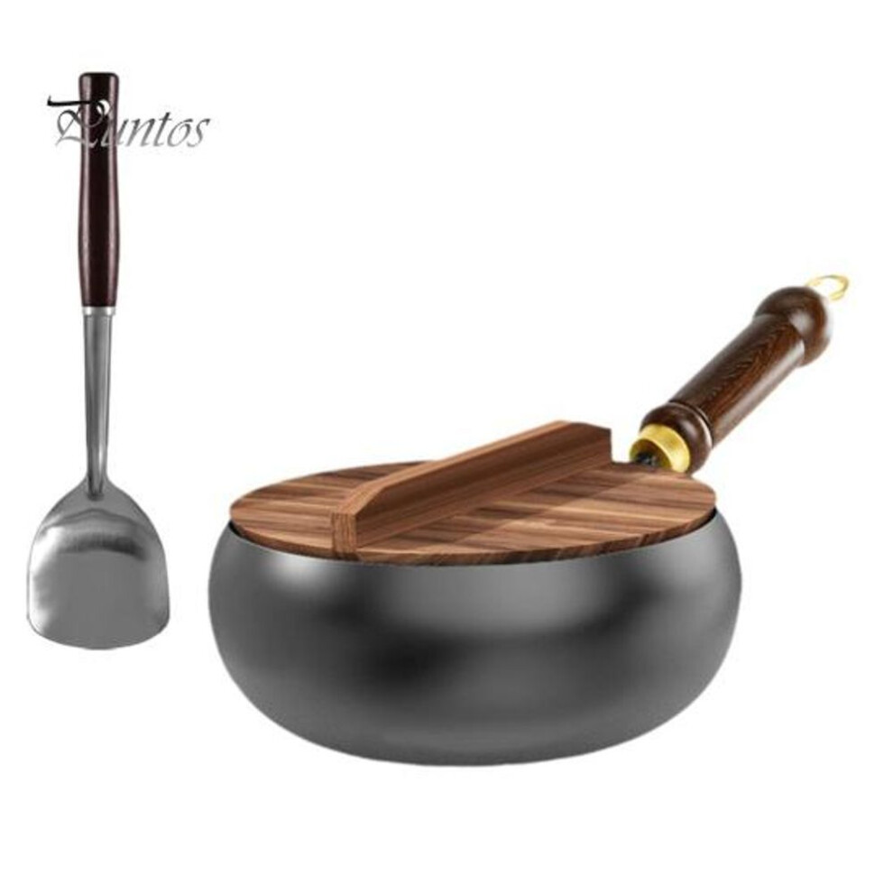 Traditional Cast Iron Wok Pan With Lid And Spatula 24cm Pure Iron Cookware With Physical Non-stick Technology Coating-free Chinese Skillet For