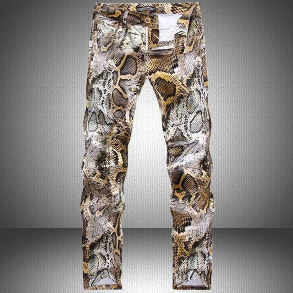 (as the picture, 30) Design  Skinny Denim Trousers Casual Man Pants Snakeskin Printed Jeans For Men