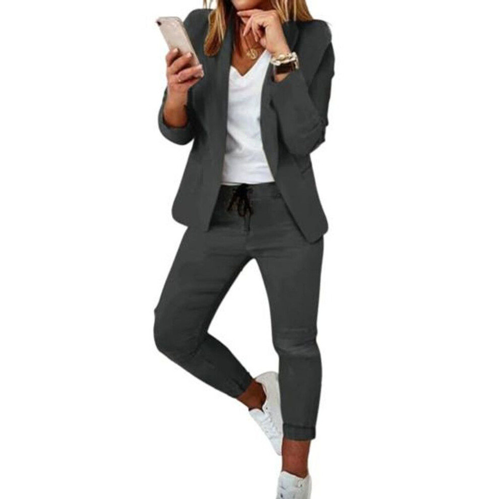 (dark gray, M) 2 Pcs/set Women Coat Pants Set Business Set Long Sleeves Solid Color Drawstring Elastic Waist Lapel Slim Fit Pants Blazer Trousers Suit