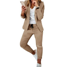 (khaki, L) 2 Pcs/set Women Coat Pants Set Business Set Long Sleeves Solid Color Drawstring Elastic Waist Lapel Slim Fit Pants Blazer Trousers Suit