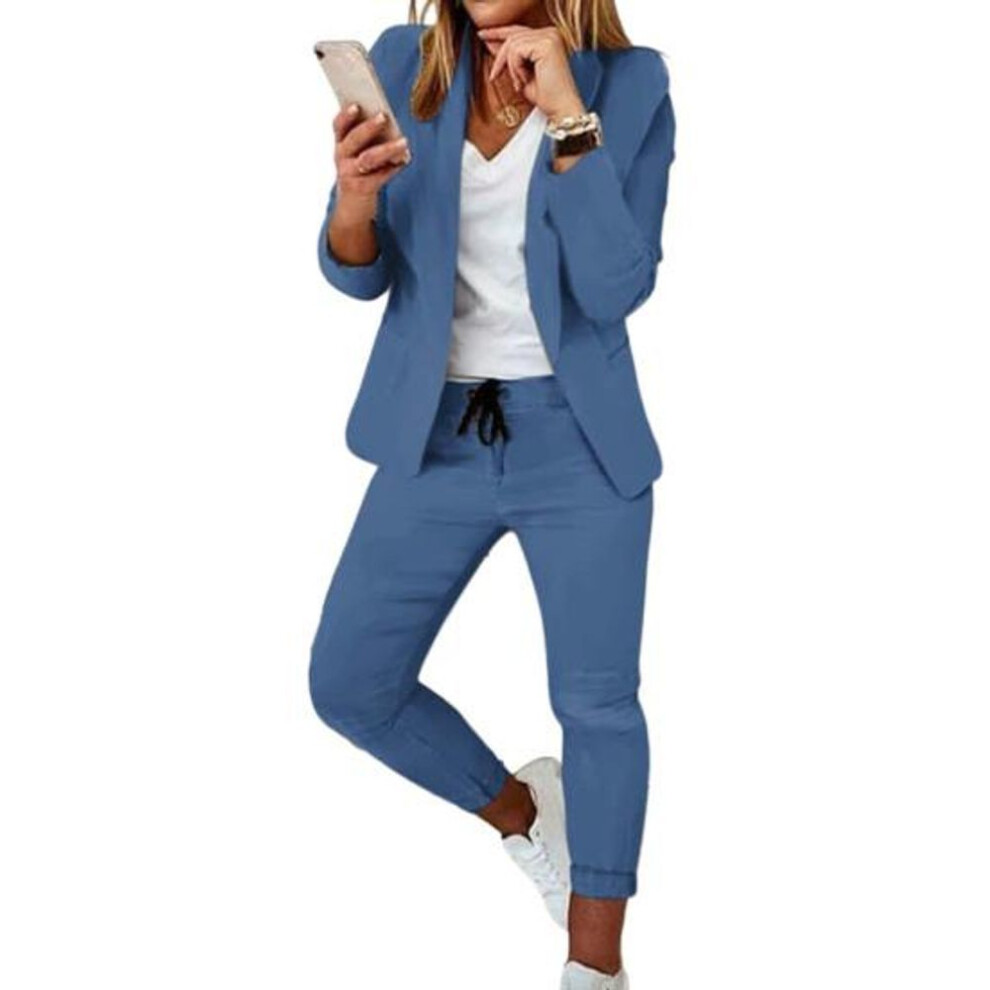 (blue, XL) 2 Pcs/set Women Coat Pants Set Business Set Long Sleeves Solid Color Drawstring Elastic Waist Lapel Slim Fit Pants Blazer Trousers Suit