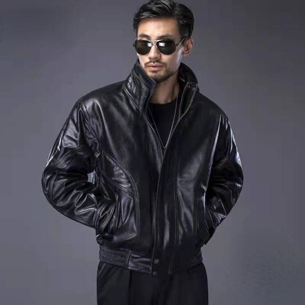 (as the picture, XXL) Real Cow Leather Men Jackets Autumn Winter Men Leather Coats Motorcycle Pilot Jacket Stand Collar Windbreak Coats