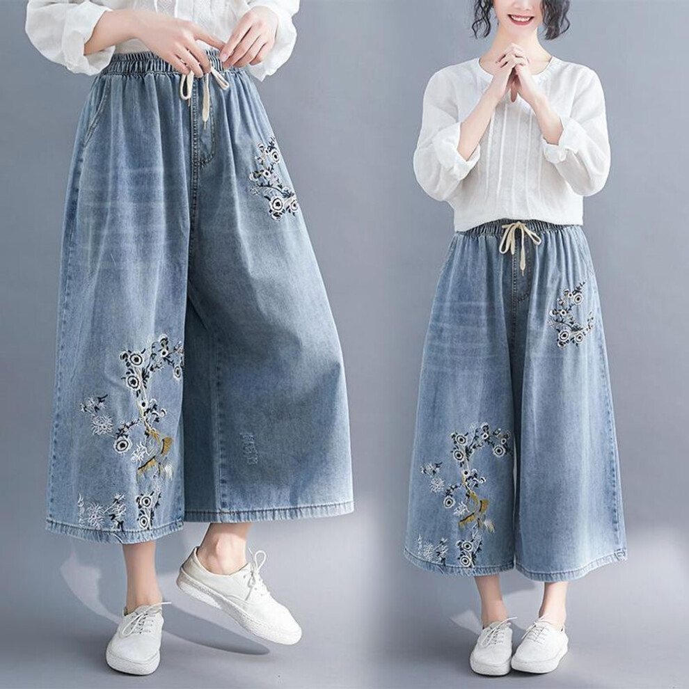 (as the picture, L) Plus Size Women Jeans Elastic Waist Embroidery Wide Leg Denim Pants Female Spring Autumn Vintage Loose High Waist Pants