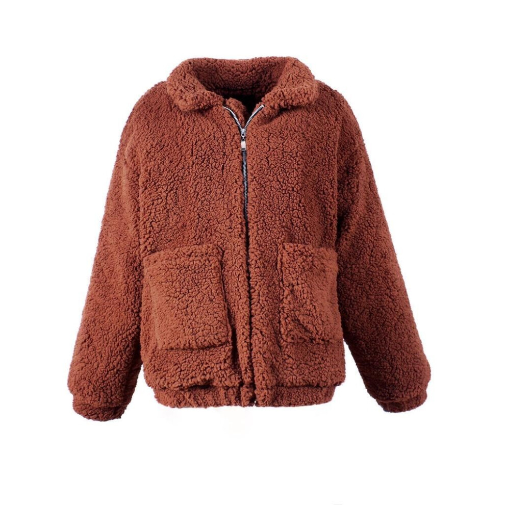 (2XL = UK 12-14,DeepCamel)Manteau en fausse fourrure shaggy pour femme veste décontractée manteau d'hiver chaud