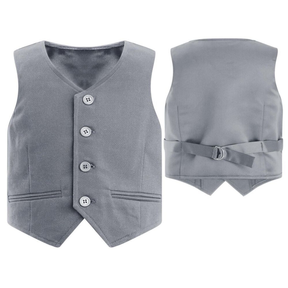 (gray, 7-8 Years) Kids Boys Gentlemen Solid Color Vest V Neck Button Down Back Strap Pointed Waistcoat Party Stage Performance