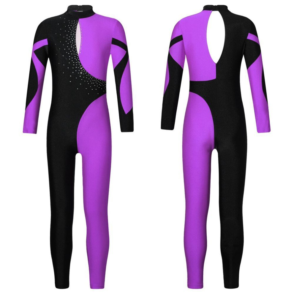 (purple, 7-8 Years) Kids Girls Stylish One Piece Skating Clothing Long Sleeve Stand Collar Shiny Rhinestone Decor Dance Leotards
